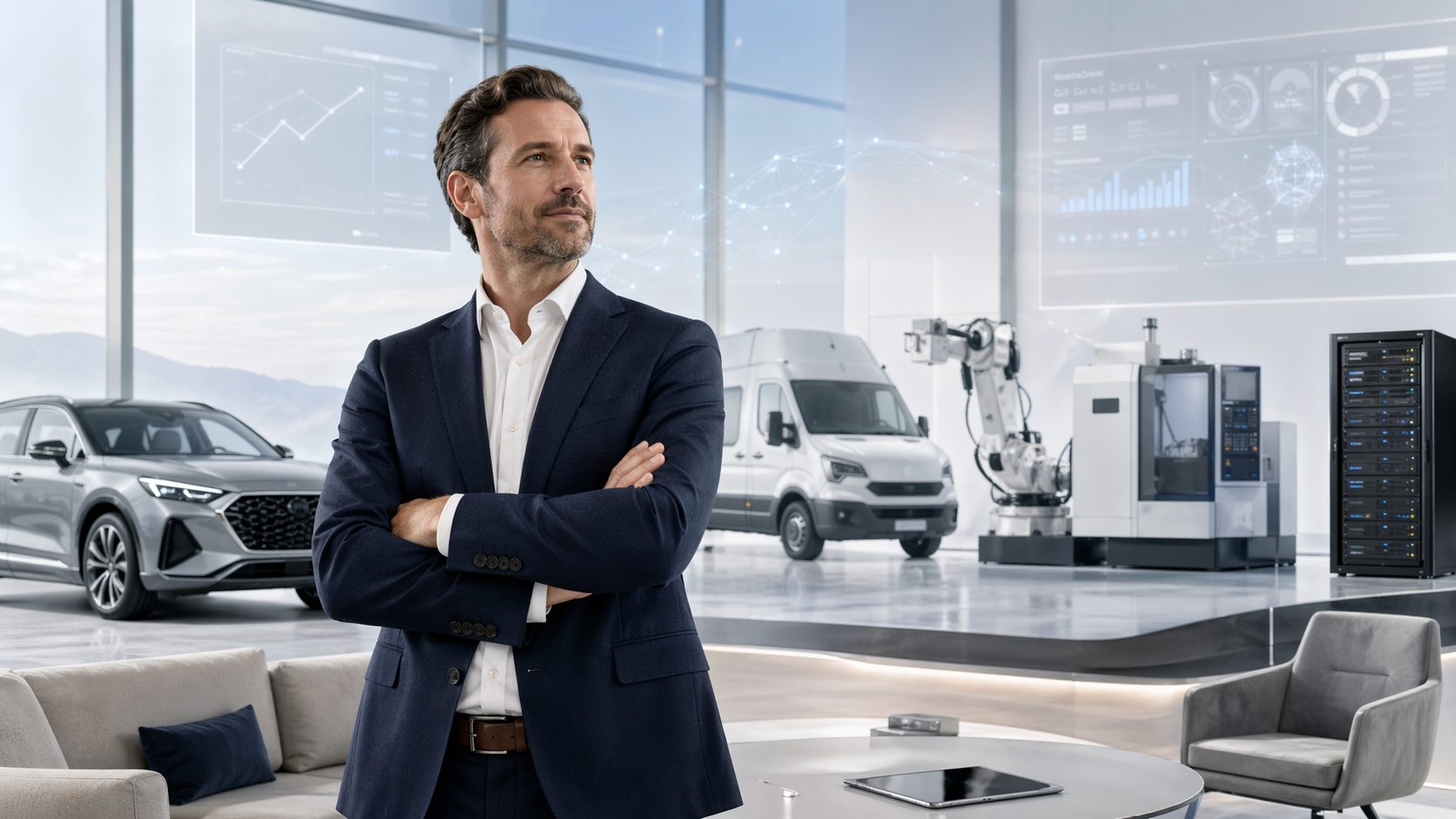 Empresario desarrollando un negocio de renting multi-activo con apoyo estructural e infraestructura especializada.