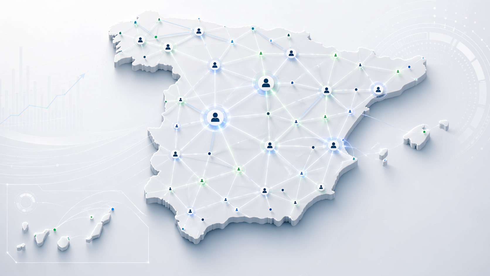 Mapa de España representando una red comercial y operativa distribuida.